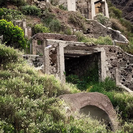 Image similar to overgrown abandoned ruins of santorini, national geographic