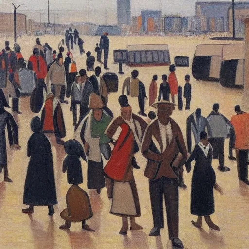 Image similar to painting of south african commuters heading to the central business district of johannesburg, painted by laurence stephen lowry, oil on canvas, national gallery