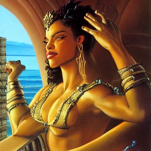 Prompt: a fijian queen looks down on her city from the palace balcony, fantasy art by boris vallejo