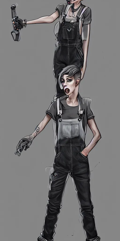 Image similar to an androgynous punk girl with short hair who is a mechanic wearing overalls, grey background, illustration, character concept design, trending on artstation