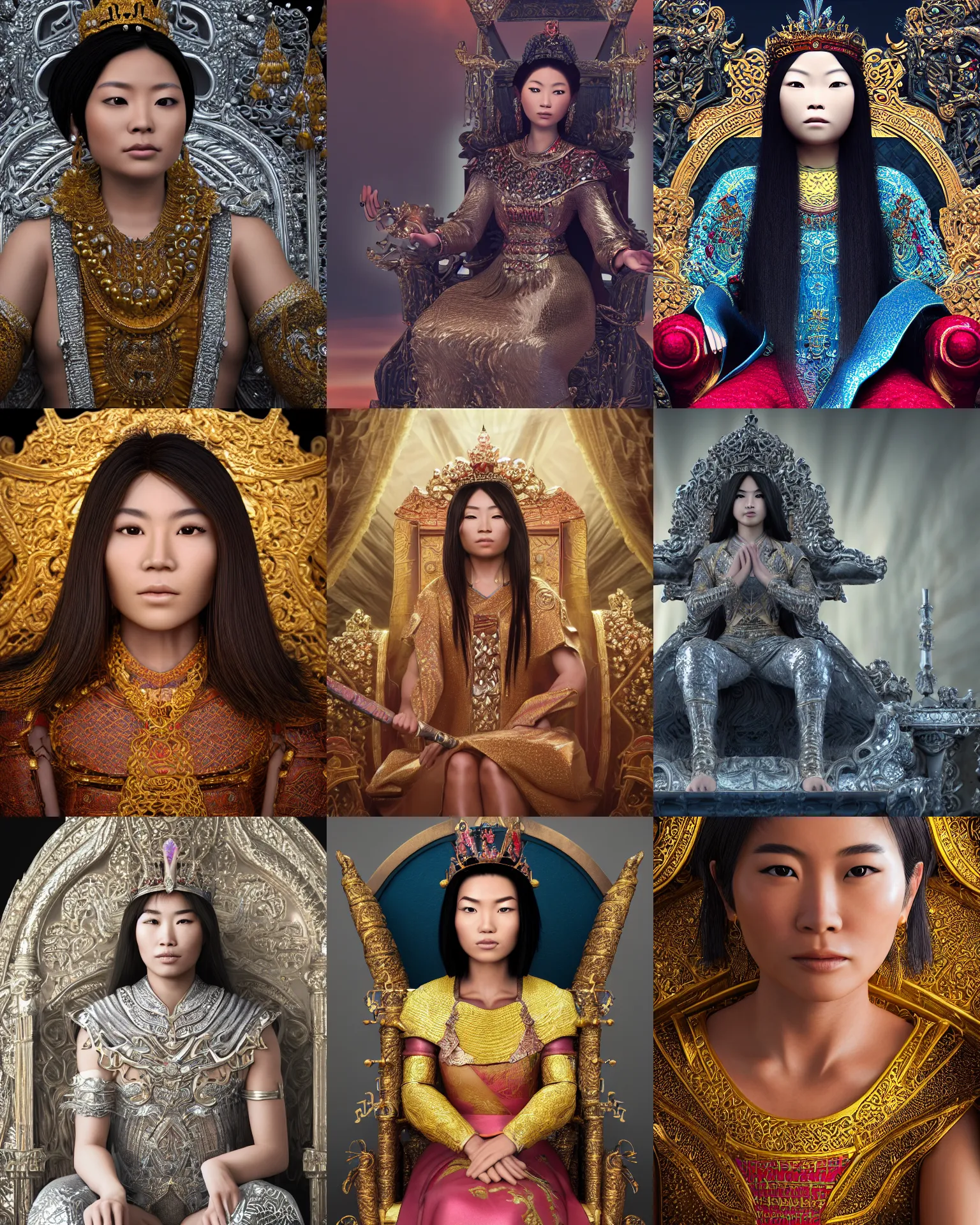 Prompt: closeup portrait of a strong fierce beautiful young asian queen with medium length hair, sitting on her throne, mother of mankind, ruler of the universe, future year 3 0 0 0, highly detailed, intricate, elegant, hyperrealism, 8 k hd, octane render, unreal engine 5