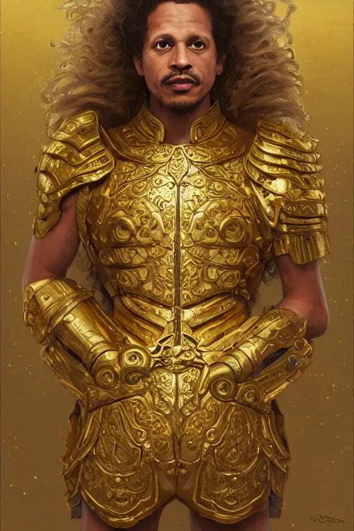 Image similar to eric andre in gold armor, gold hair, gold eyes, tanned skin, fantasy, intricate, highly detailed, digital painting, artstation, concept art, smooth, sharp focus, art by Artem Demura and Alphonse Mucha, ArtGerm, Valentina Remenar, Gaston Bussiere, Cedric Peyravernay