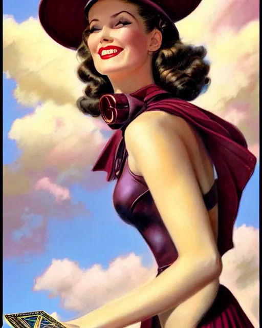 Prompt: a beautiful lady on a magic the gathering card by magali villeneuve and gil elvgren, crisp details, hyperrealism, smiling, happy, feminine facial features, stylish navy blue heels, gold chain belt, cream colored blouse, maroon hat, windblown, holding a leather purse, mtg card, mtg