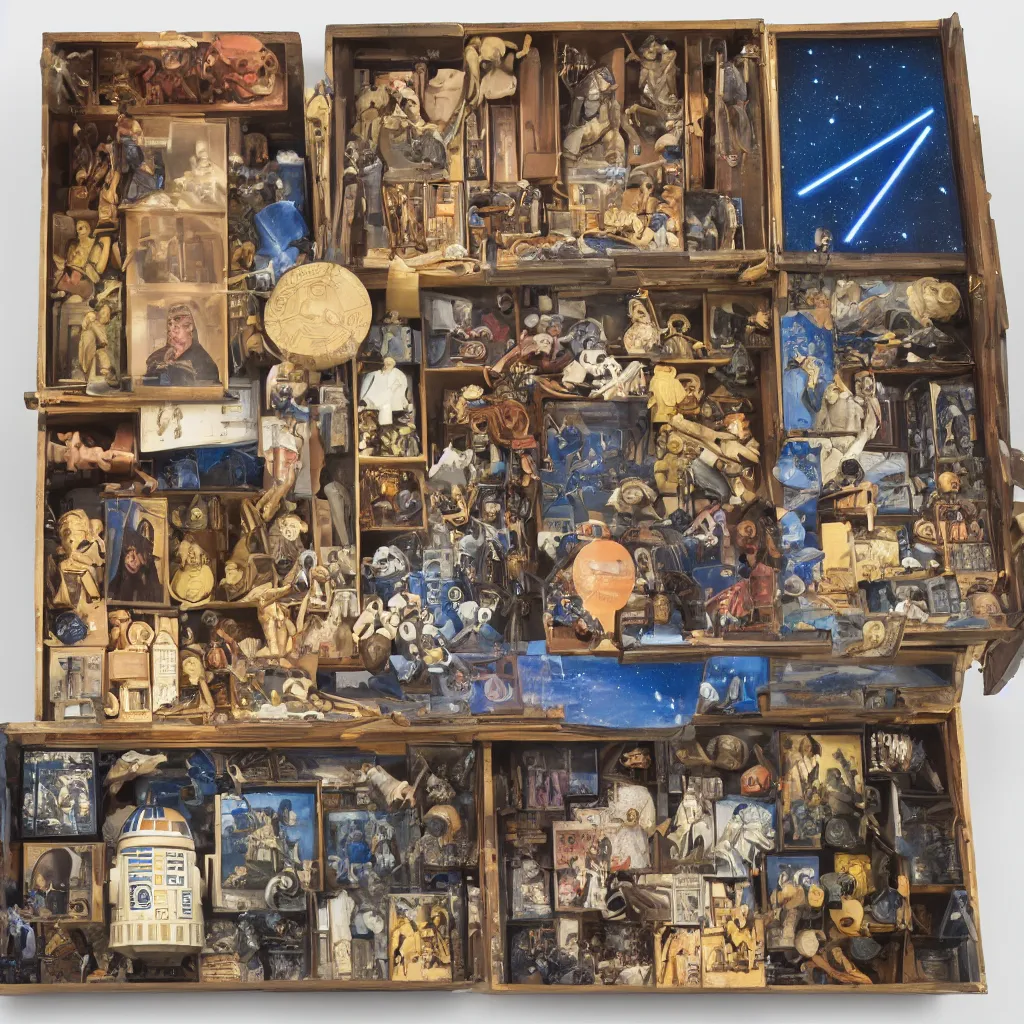 Image similar to a well - lit, detailed museum archive rich color photograph of a star wars memory box by joseph cornell, containing one action figure, some photographs, a star chart, a hologram, some small drawers, a ticket stub, and a large lightsaber