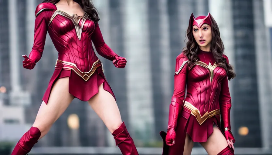 Prompt: cosplay Gal Gadot as Scarlet Witch highly detailed, photography 4k, ultra wide, f1.8 anamorphic, bokeh, 4k,