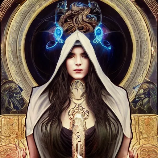 Prompt: portrait painting of a beautiful moon goddess, wearing a dark hooded robe, sacred tattoos on her face, smirking, holding a giant astral scyther, ultra realistic, concept art, intricate details, mystical, highly detailed, photorealistic, octane render, 8 k, unreal engine. art by artgerm and greg rutkowski and alphonse mucha