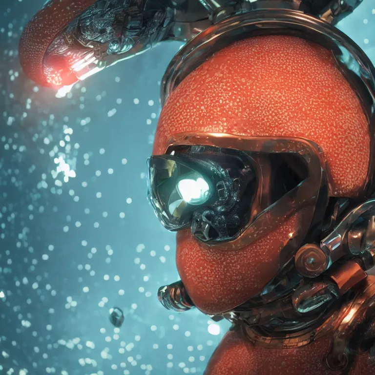 Image similar to octane render portrait by wayne barlow and carlo crivelli and glenn fabry, subject is a shiny reflective tactical futuristic android scuba diver with small lights inside helmet, surrounded by bubbles inside an exotic alien coral reef aquarium full of exotic fish, cinema 4 d, ray traced lighting, very short depth of field, bokeh