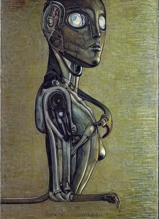 Image similar to a portrait of a robot cyborg by Edward Burne-Jones, pre-raphaelite style