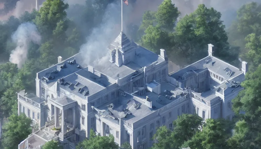 Image similar to A highly detailed matte painting of american white house castle on fire, expliosion and smokes, by Studio Ghibli, Makoto Shinkai, by Artgerm, by WLOP, by Greg Rutkowski, volumetric lighting, octane render, 4K resolution, trending on artstation, masterpiece