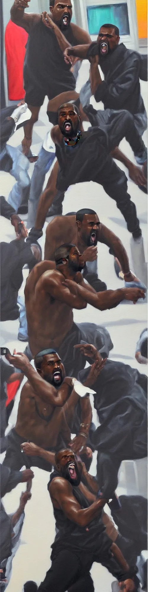 Image similar to fine oil painting of kanye west angrily yelling at you while he attacks a papparazzi on robertson boulevard
