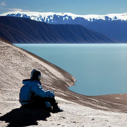 Image similar to an astronaut standing in the water of Lake Baikal and looking at the mountains. Photo by professional. Nikkor