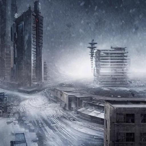 Image similar to a matte painting about a dystopian, dystopian chinese city, covered in snow. hardcopy ( live ) httpa matte painting about a misty, cyberpunk, rutless rock landing, coming true to life in post - apocalyptic
