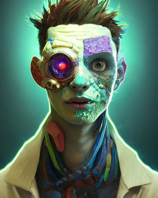 Prompt: portrait of a patchwork boy, bioluminescent, horror, asymmetrical art, highly detailed, concept art, cinematic, hyperrealism, epic, art by stanley lau and artgerm and magali villeneuve and alphonse mucha and pixar, artstation, octane render, cgsociety
