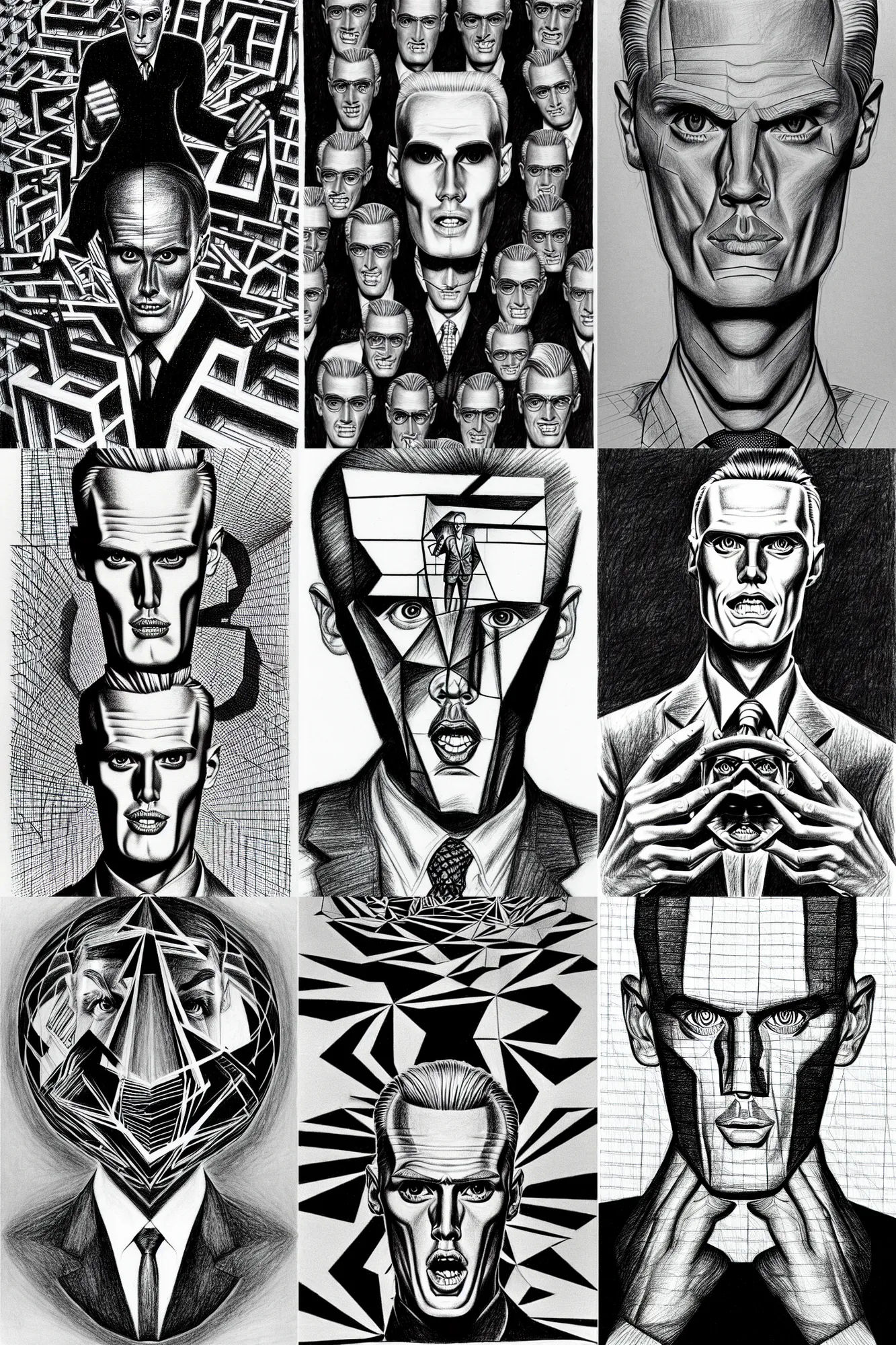 Prompt: recursive mc escher drawing of max headroom drawing max headroom in cyberspace, recursive pencil drawing, very detailed and mathematical