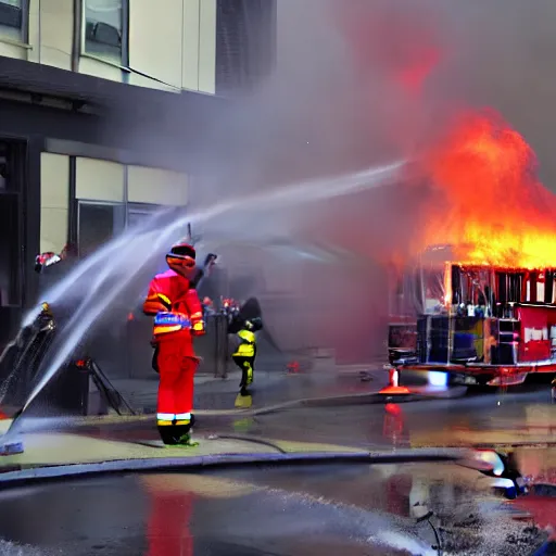 Prompt: Firefighters spraying firehose shaped flamethrower on to a flaming building