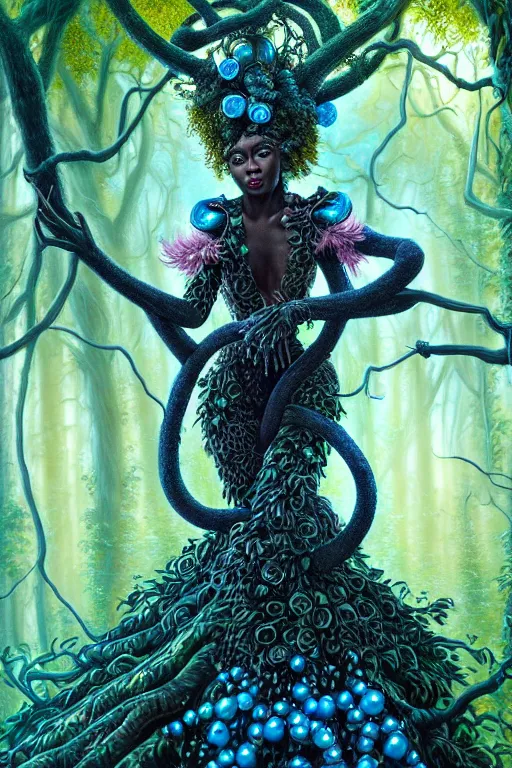 Image similar to hyperrealistic post - rococo super beautiful! black woman with exoskeleton armor, merging with tree in a forest, highly detailed digital art masterpiece smooth cam de leon hannah yata dramatic pearlescent blue teal light ground angle hd 8 k sharp focus