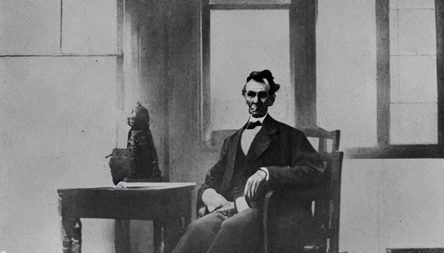 Prompt: The Ghost of Abraham Lincoln sitting in my suburban kitchen