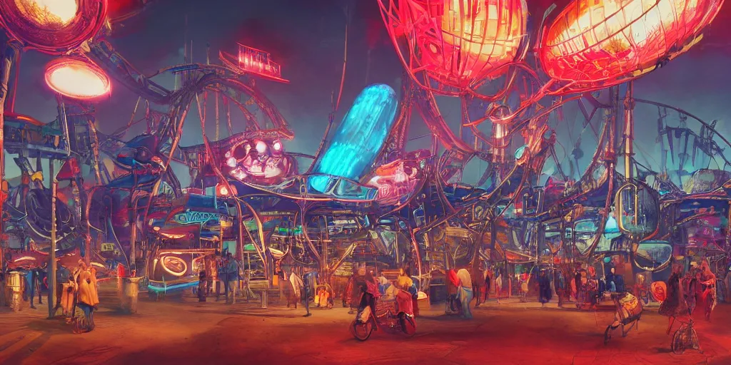 Prompt: concept art, massive retro - futurist steampunk theme park, octane render, artstation, androids, big top, towering rollercoaster, carnival robots, dramatic neon lighting, glowing circus motifs, red turquoise accents, bladerunner, by gerald brom, james jean, syd mead, akihiko yoshida, cinematic