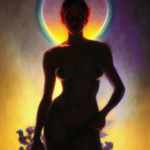 Image similar to concept art painting of a beautiful figure called the moonbow queen, a rainbow in the dark, colorful, by Michael Whelan, William Adolphe Bouguereau, and Donato Giancola, highly rendered, beautiful, cyberpunk, artstation, extremely moody lighting, glowing light and shadow, atmospheric, shadowy, cinematic, 8K