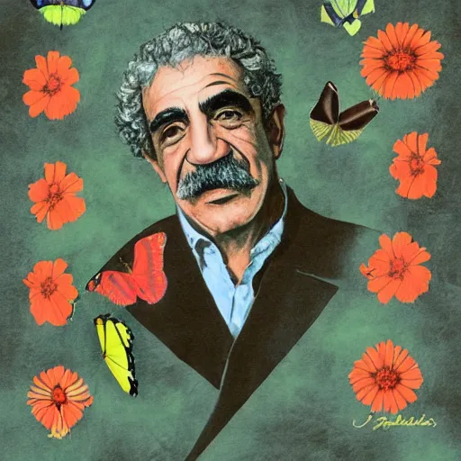 Image similar to Gabriel García Márquez rodeado de mariposas amarillas, puntillismo, alta resolución