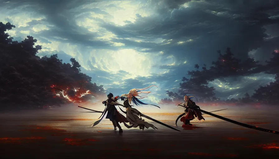 Image similar to baroque oil painting of key visual samurai war, storm, brutalist fantasy, fake detail, trending pixiv fanbox, acrylic palette knife, style of makoto shinkai takashi takeuchi yoshiyuki sadamoto greg rutkowski chiho aoshima, artstation