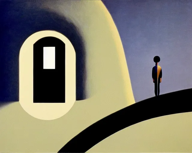 Prompt: a Magritte painting of 2001 a Space Odyssey by Stanley Kubrick