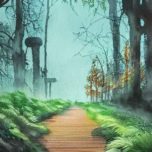 Image similar to Wooden footpath next to water in beautiful overgrown futuristic sci-fi city in harmony with nature. Nice colour scheme, soft warm colour. Beautiful detailed watercolor by Lurid. (2022)