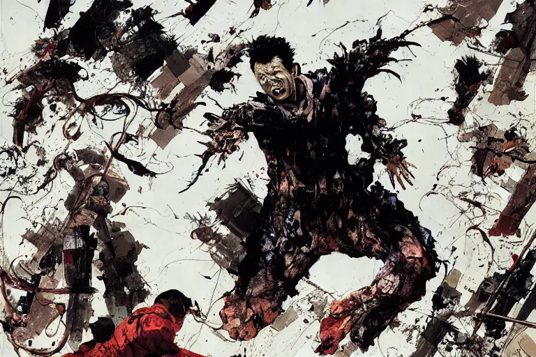 Prompt: full page illustration, tetsuo mutates at the staduim, by Katsuhiro Otomo, Phil hale, Ashley wood, Ilya repin, frank frazetta, 8k, hd, high resolution print