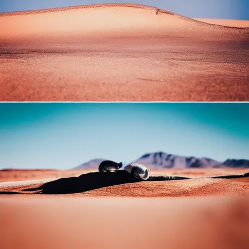 Prompt: 🐋 as 🐼 as 🦕 as 👽 as 🐳 as 🌊, desert photography by shunji dodo