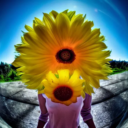 Prompt: a flower / human hybrid, fisheye photo