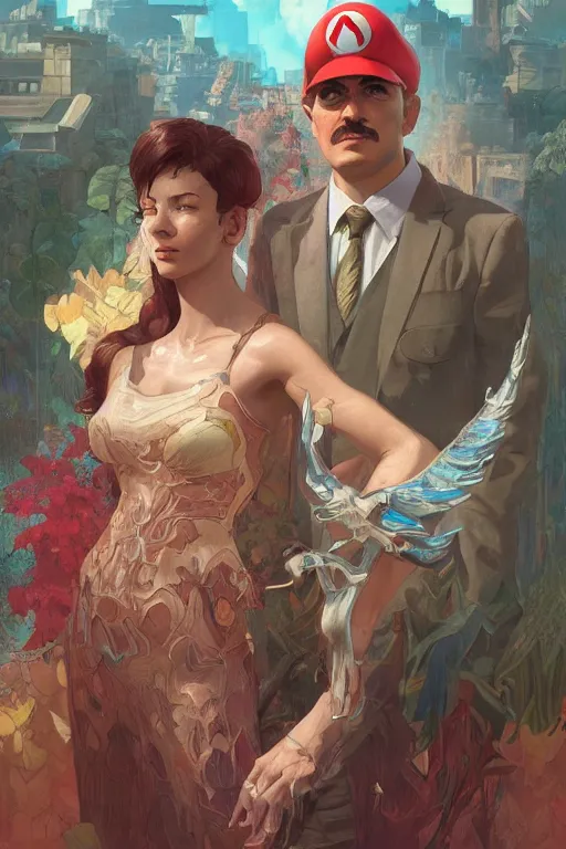 Prompt: Mario and his wife from Nintendo, disco elysium, highly detailed, digital painting, artstation, concept art, smooth, sharp focus, illustration, art by artgerm and greg rutkowski and alphonse mucha and Wayne Barlowe and Zdislav Beksinski and Francis Bacon