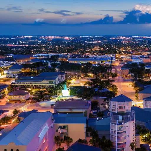 Image similar to an overview from 500 feet in the air of a small coastal Florida town at night, a still from an anime movie, clouds in the sky, downtown in the distance