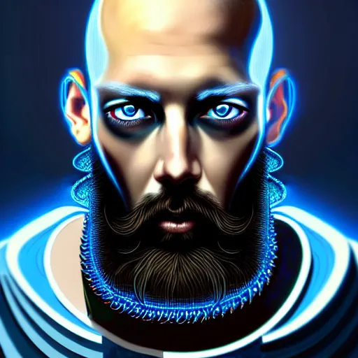 Image similar to bearded man with extremely large and intricate eye cyberpunk bionics with angry blue eyes and slim features looking askance, eye cyberpunk bionics, retro futurist style, intricate, elegant gleaming intricate baroque jewelry, angelic halo, highly detailed, digital painting, artstation, concept art, smooth, sharp focus, illustration, art by wlop, mars ravelo and greg rutkowski,