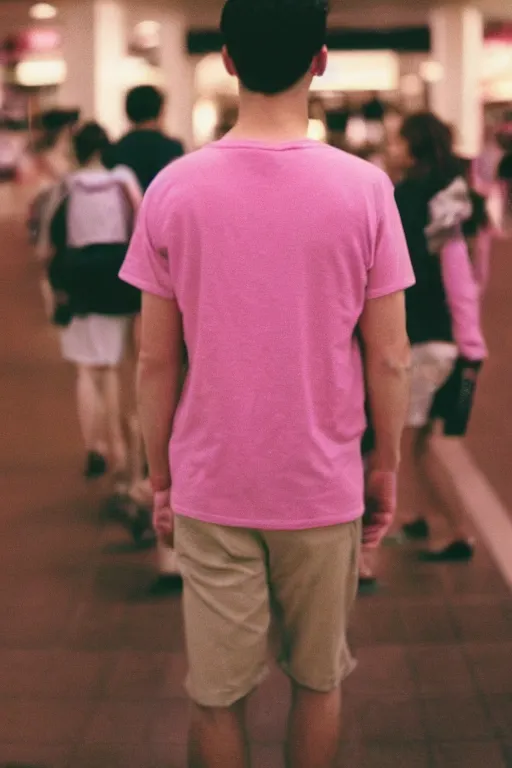 Prompt: kodak ultramax 4 0 0 photograph of a guy in crowded mall, back view, pink shirt, grain, faded effect, vintage aesthetic, vaporwave colors,