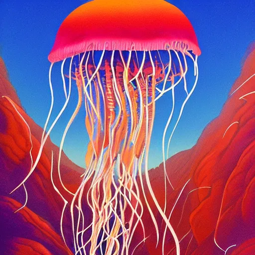 Prompt: jellyfish jumping up a mountain, alex gray