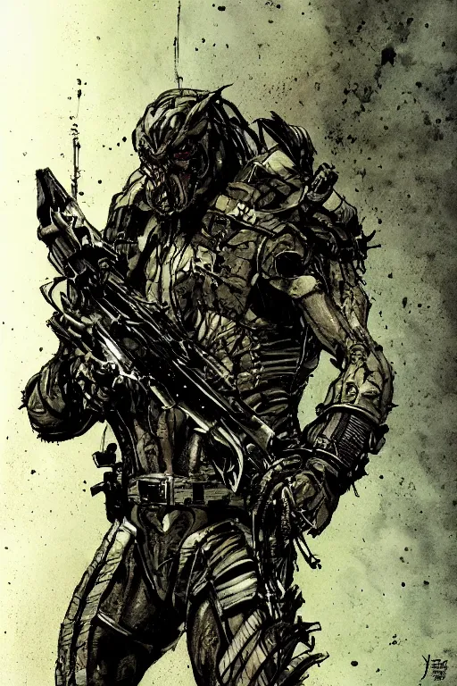 Prompt: predator illustrated by yoji shinkawa, science fiction horror action, ink, digital painting, highly detailed, trending on artstation, sharp focus, illustration, concept art, norman rockwell