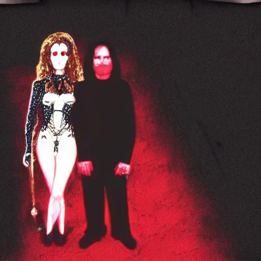 Prompt: a man standing next to a woman on a red carpet, a picture by george manson, tumblr, international gothic, freakshow, hellish background, gothic