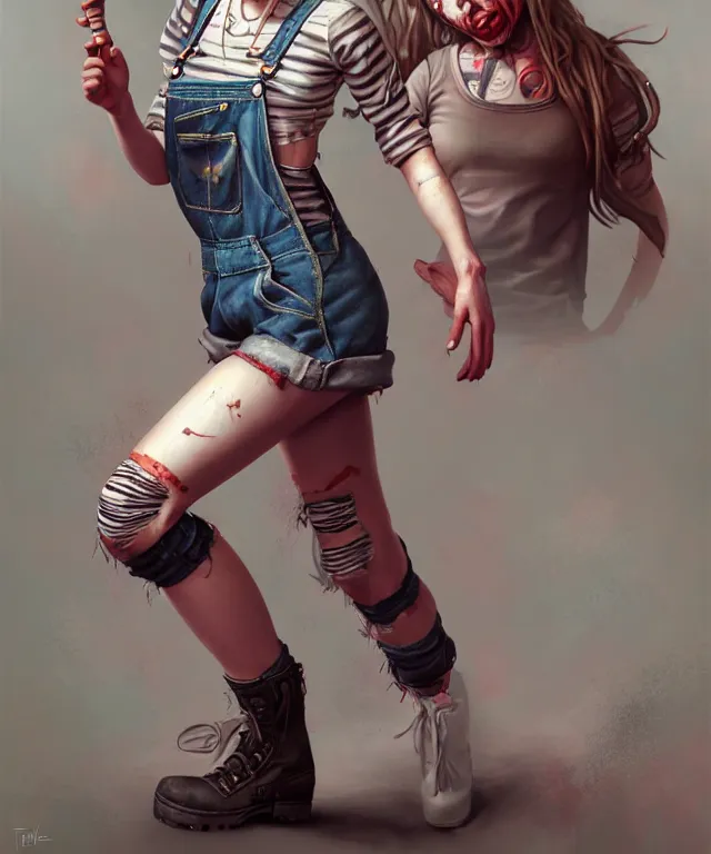 Image similar to full body pose, grungy alice, torn overalls, short shorts, combat boots, fishnets, beautiful, highly detailed face, true anatomy!, extremely detailed!, digital painting, unreal engine 5, art by tom bagshaw