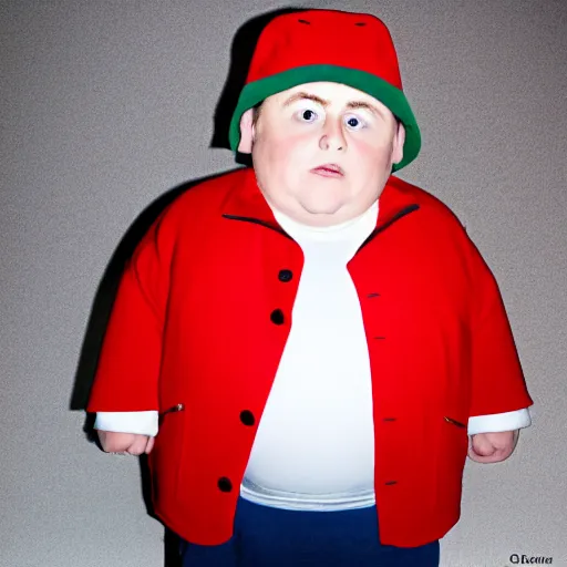 Prompt: a real life photograph of Eric Cartman from South Park. Hyper real, short obese kid with a red coat and a hat, portrait photography, studio lighting