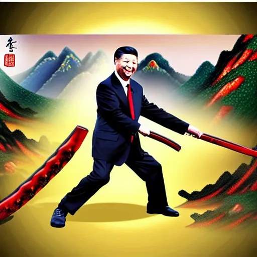 Image similar to Chinese president, battle, bananas weapon, dragon, mountains background, fighting stance, painting