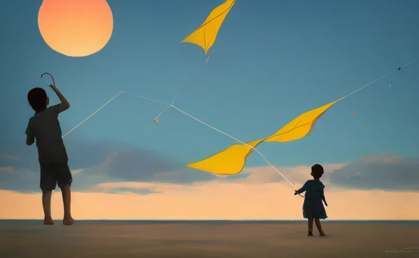 Image similar to child flying a kite at the beach by atey ghailan and garmash, michael, cinematic, volumetric lighting, sunset