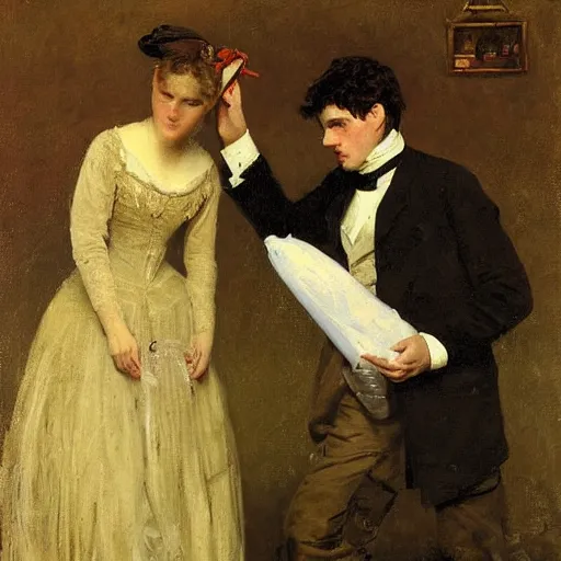 Image similar to young victorian man and woman diffusing a bomb, painted by alfred stevens