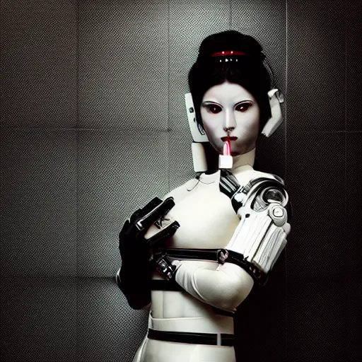 Image similar to a hyper realistic futuristic, minimal, stunningly cyborg tradition geisha photograph, covering face with a intricate sci - fi equipment, high fashion, in a dark futuristic room, metal gear solid, dark moody backlighting, silhouette, octane render,