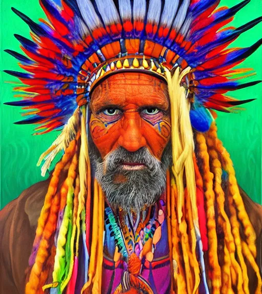 Image similar to Portrait painting in a style of Alex Grey of an old shaman dressed in a colorful traditional clothes.