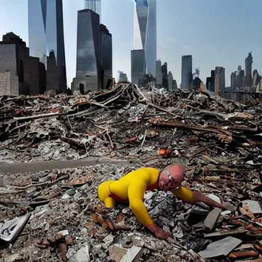 Image similar to a wide shot of a very drunk evil Rudy Giuliani squatting smiling wearing a yellow speedo on top of the world trade center rubble pile in new york