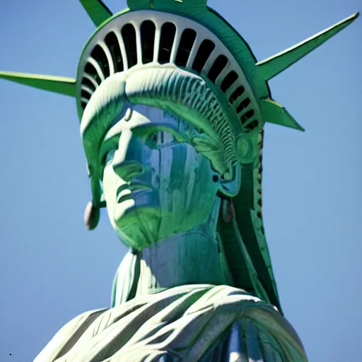 Image similar to kodachrome photo of the statue of liberty as a native indian with headdress, coper cladding