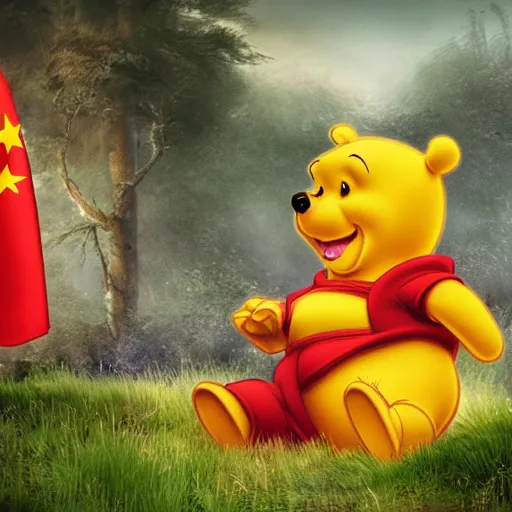 Image similar to hyperrealistic, hdr, 4 k, 8 k, photograph, cinematic lighting, moody overtones, drawing of winnie the pooh in china, with a chinese flag behind him