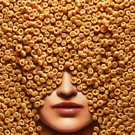 Prompt: a portrait of a head constructed from cheerios, gorgeous, intricate, volumetric lighting, high detail digital art, lightfarm agency, sharp focus, illustration, concept art