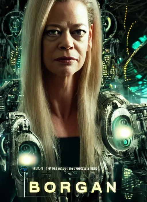 Image similar to 35mm portrait of an intricate and sophisticated borg with the face of Jeri Ryan , on the background of a weird magical mechanical forest. Round gears visible inside her hear. Very detailed 8k. Fantasy cyberpunk horror. Sharp. Cinematic post-processing