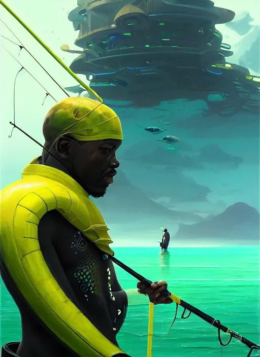 Image similar to portrait of a male jamaican fisherman sci - fi glowing fishing armor fishing rod cyberpunk muscular intricate elegant highly detailed digital painting artstation concept art, ocean background, yellow green black, cinematic, greg rutkowski, loish, rhads, ferdinand knab, makoto shinkai and lois van baarle, ilya kuvshinov, rossdraws, tom bagshaw